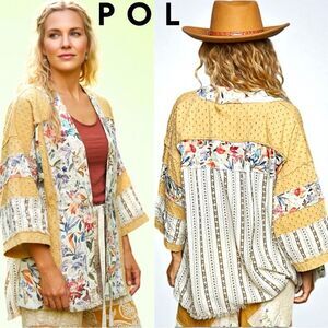 POL Raw Edge Open Front Patchwork Cardigan With Floral Trim Small NEW